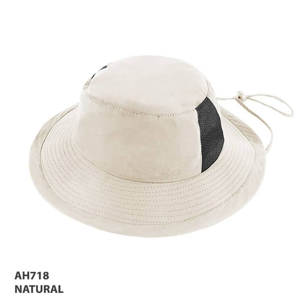 A natural-coloured microfibre surf hat with a flexible brim and adjustable chin strap, featuring mesh panels.