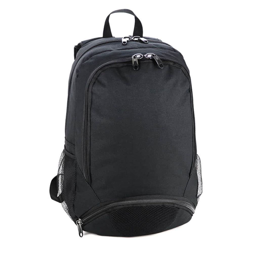 A black backpack featuring multiple zippered compartments and mesh side pockets. It has a logo on the front.