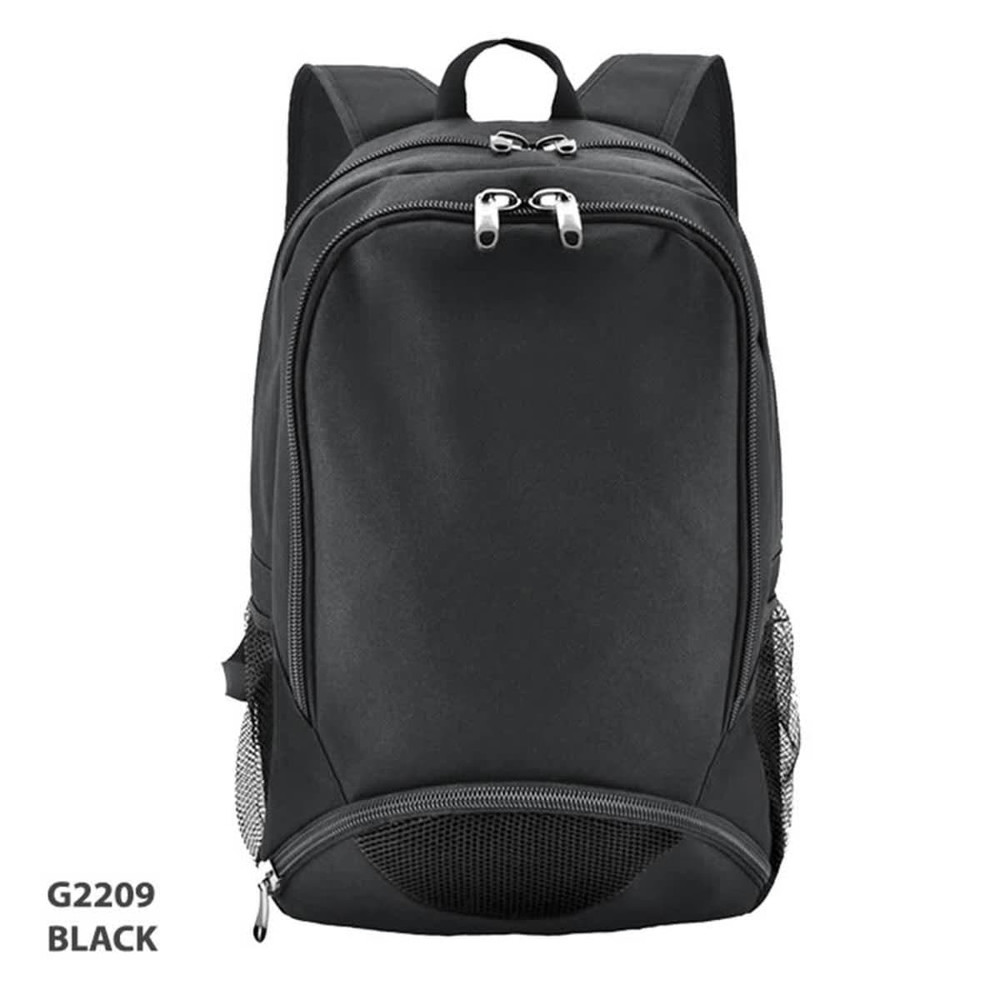 A black backpack with two zippers, side mesh pockets, and adjustable straps, featuring a logo.