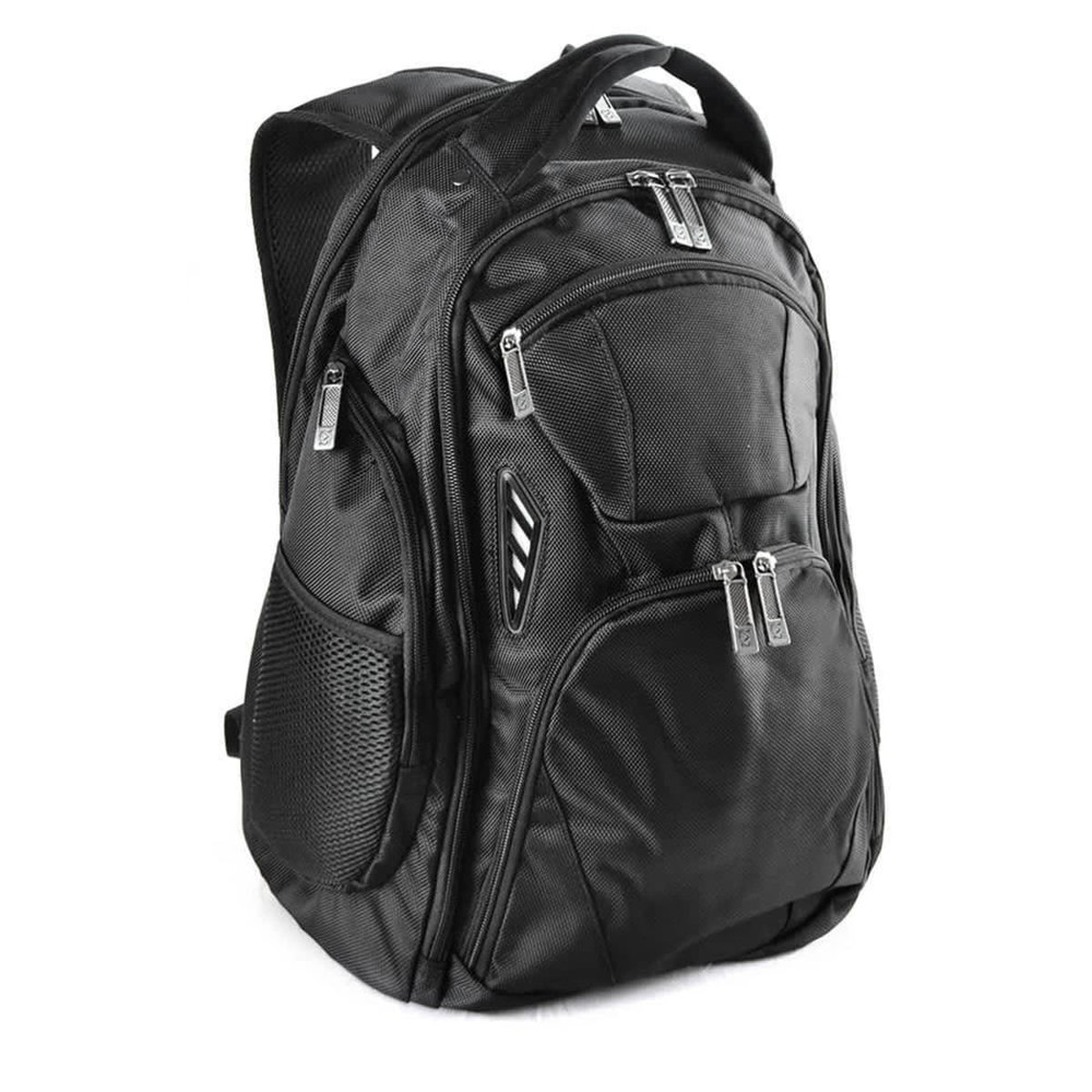 A black Vibe Backpack with multiple compartments and mesh side pockets, featuring a sleek design and branding.