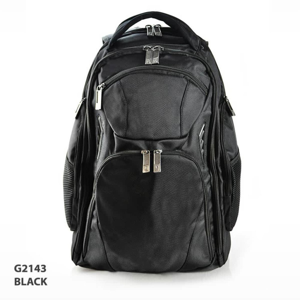 A black Vibe Backpack with multiple compartments and a logo, featuring a textured design and sturdy zippers.