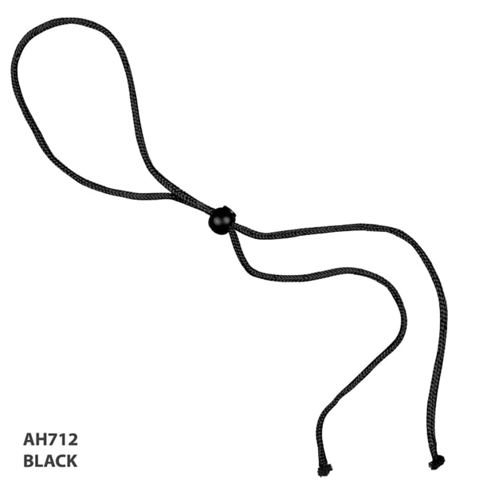 A black rope and toggle with a central bead for adjustment, featuring two elongated ends.