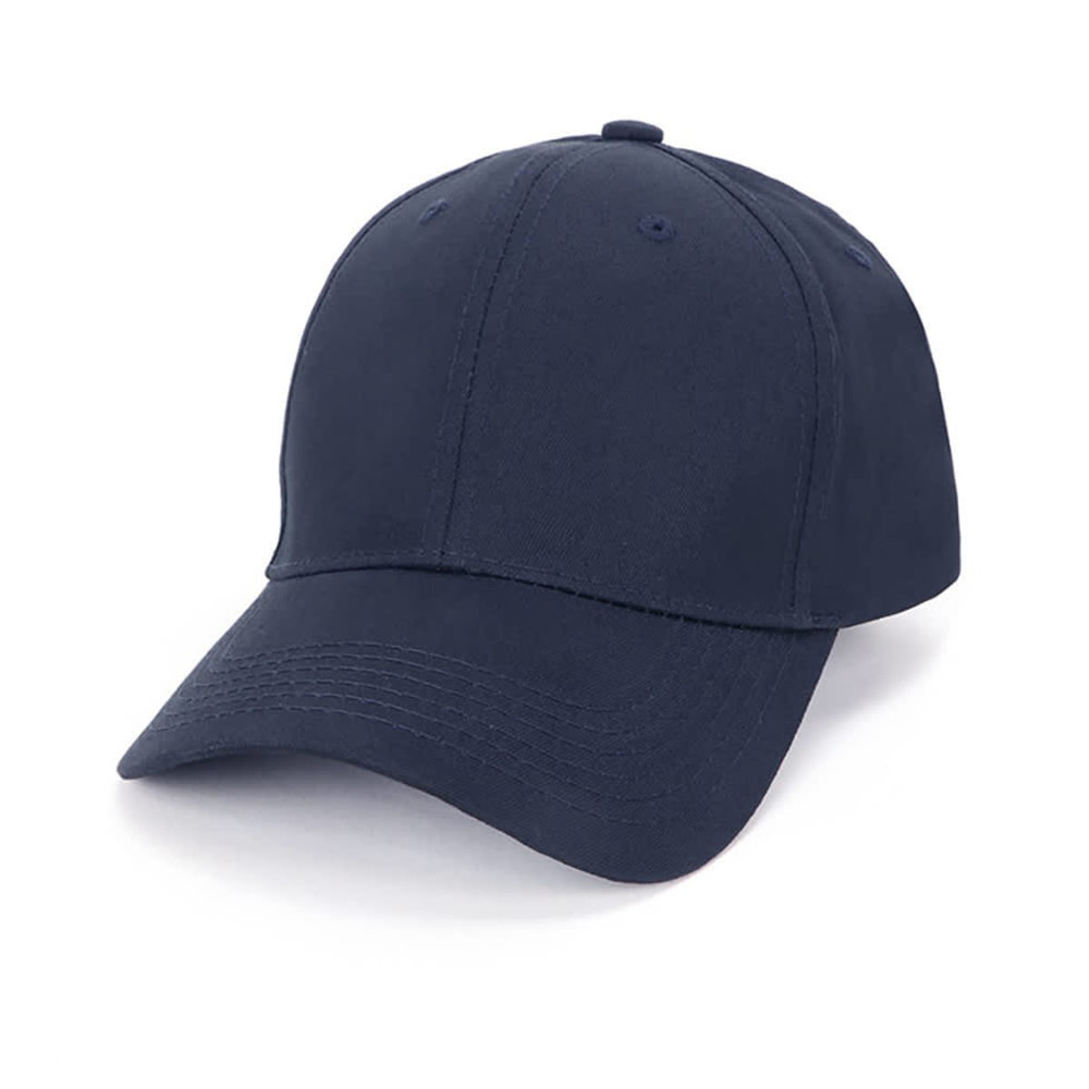 A navy blue cotton cap featuring a curved brim and a logo on the front. Suitable for various outdoor activities.