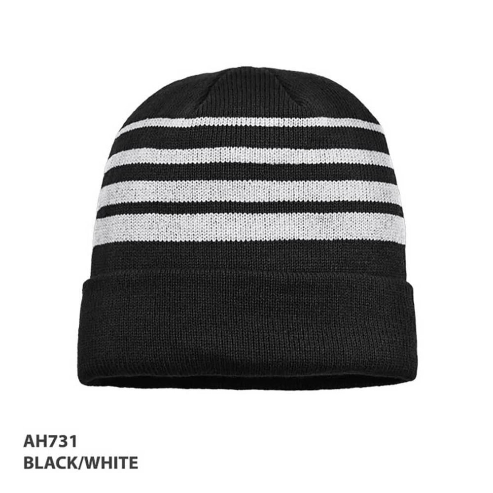 Acrylic beanie in black and white featuring horizontal stripes and a branded logo.