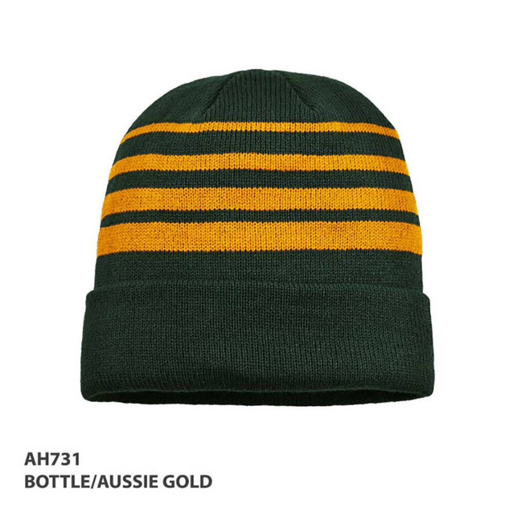 Acrylic beanie in bottle green and Aussie gold with horizontal stripes and a logo.
