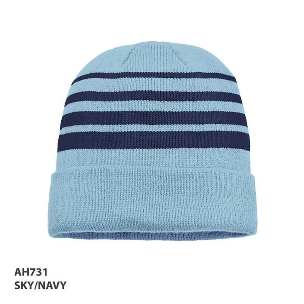 Acrylic beanie in sky blue with navy stripes and a folded cuff, featuring a small logo.