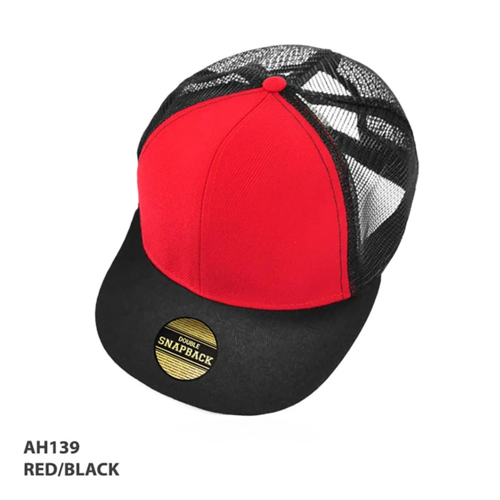 A red and black snapback cap with a mesh back and a circular logo on the front.
