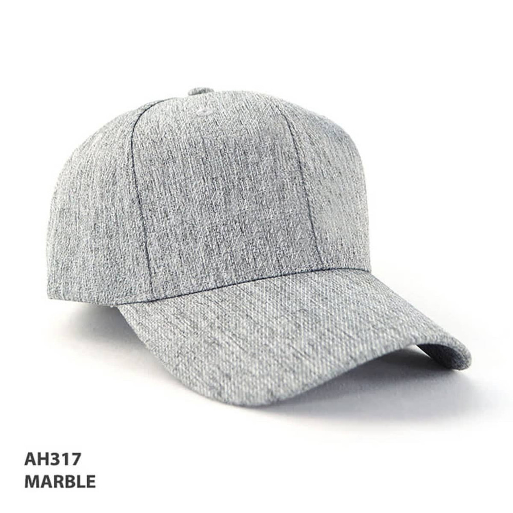 A grey marble cap with a structured design and a curved brim, featuring a logo on the front.