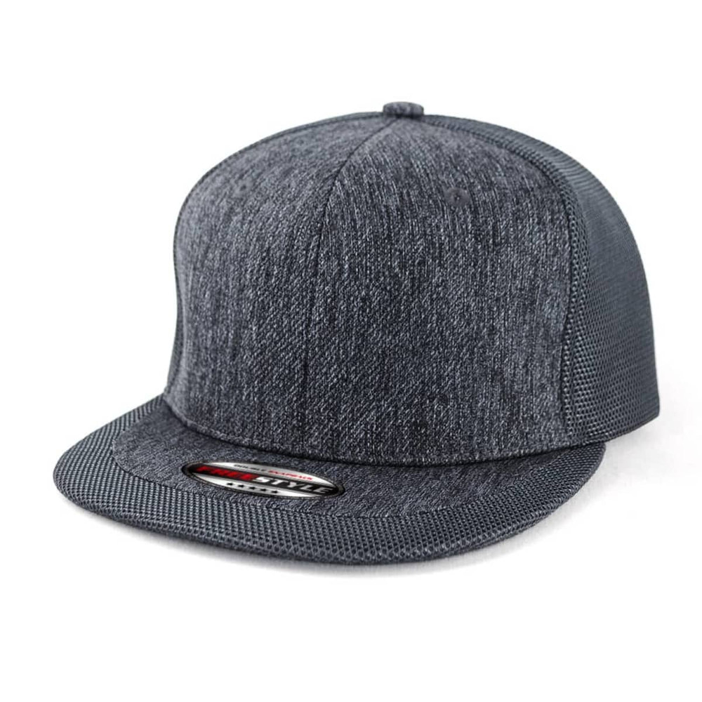 A grey cap with a structured design and a flat brim, featuring a textured fabric and a branding logo.