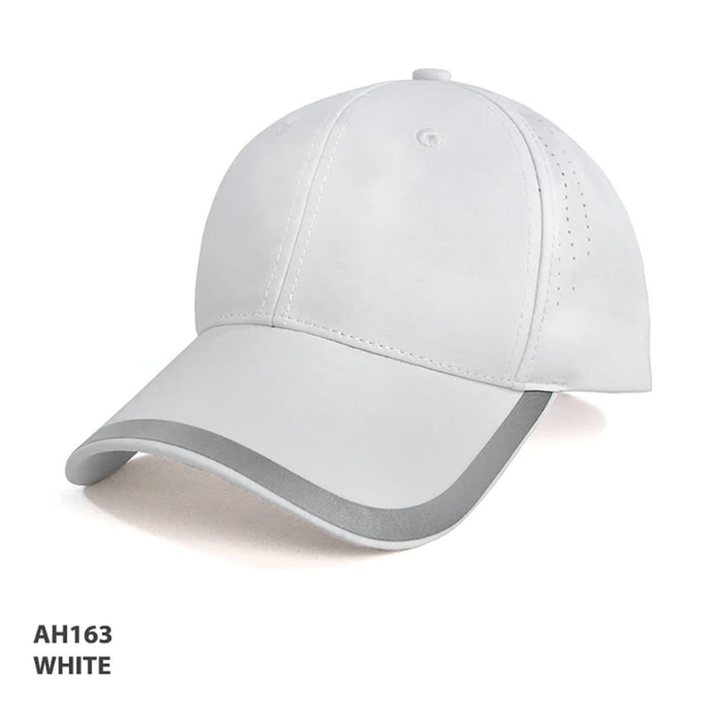 A white cap featuring a curved peak and a logo, with grey detailing along the brim.