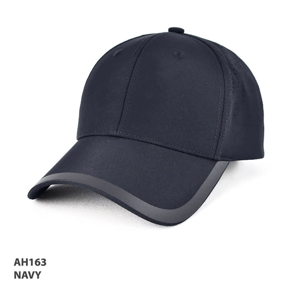 A navy cap with a curved brim, featuring a logo and a smooth finish.