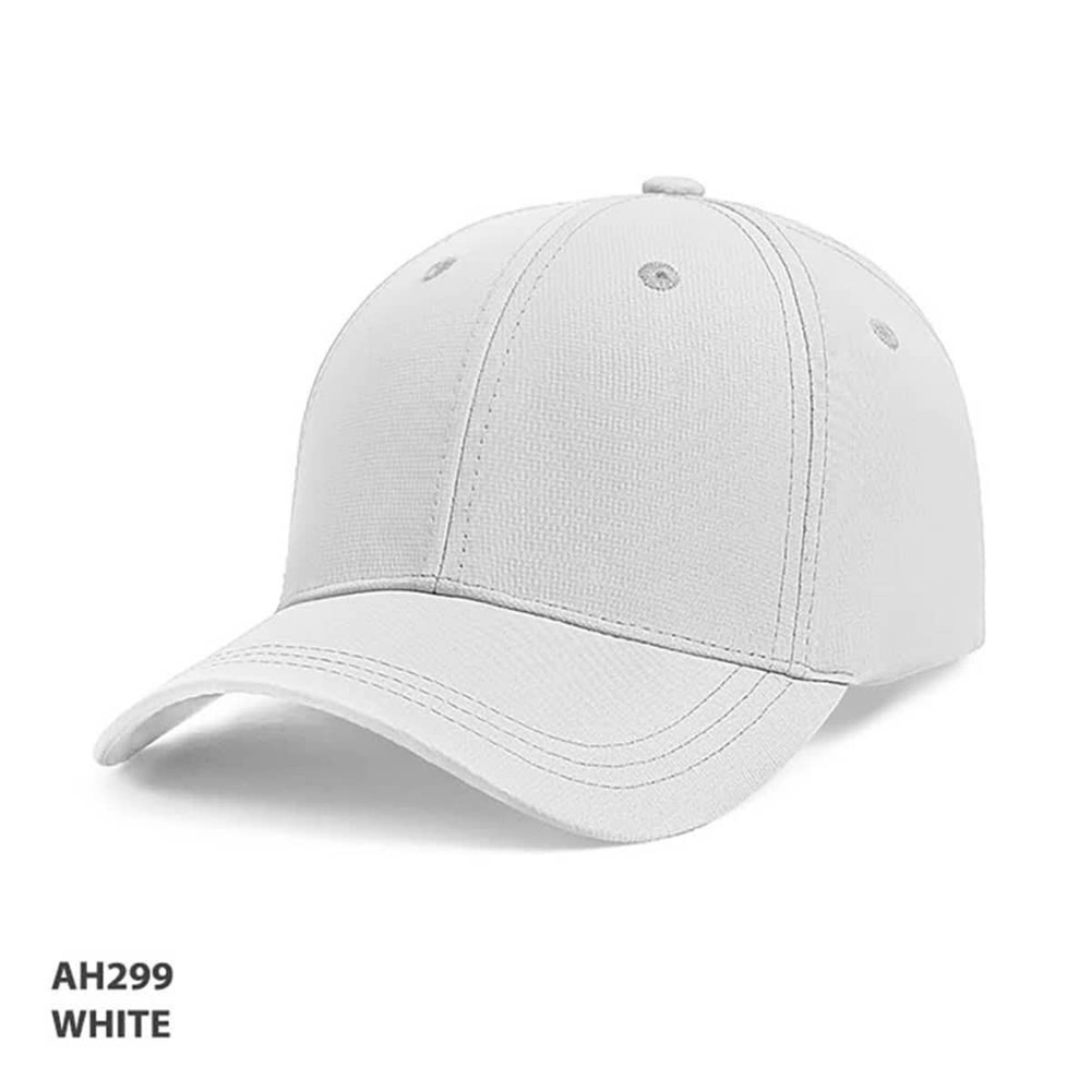 A white cap made from ripstop material, featuring a structured design and a logo on the front.