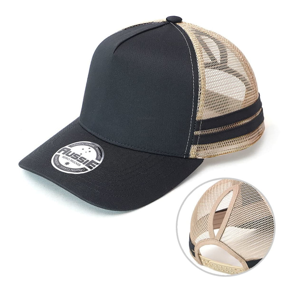 A black cap with a mesh back, featuring a logo and a ponytail opening for convenience.