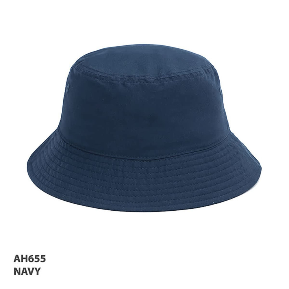 A navy bucket hat made from premium RPET material, featuring a round crown and wide brim. It has a logo.