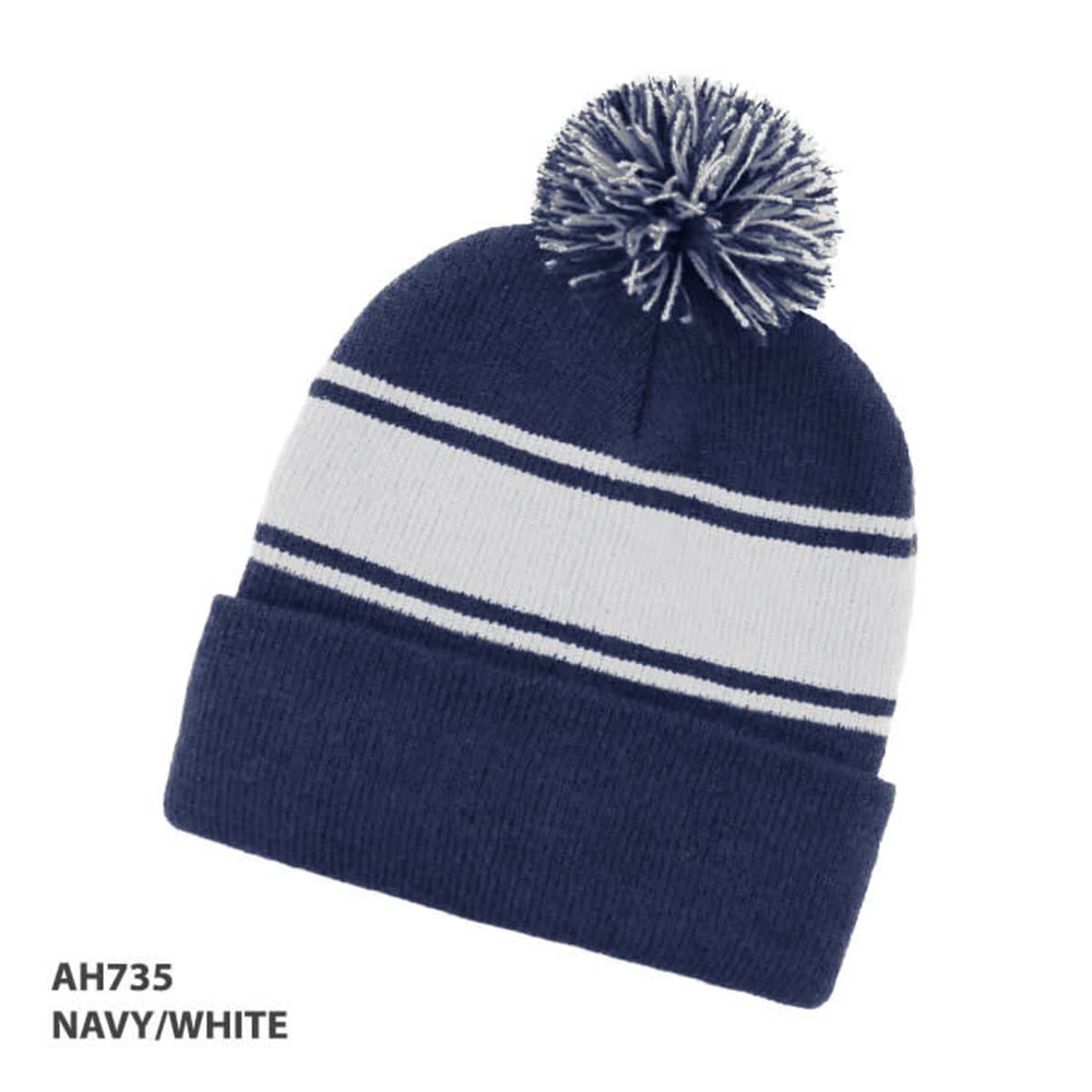 A navy and white beanie with a pom-pom on top and a stripe design. It features a logo on the side.