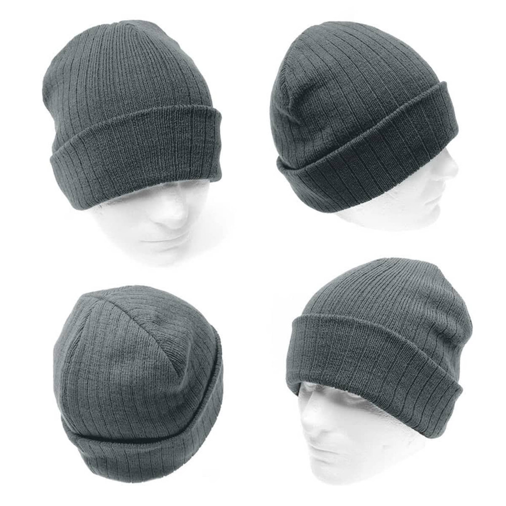 A wool blend beanie in dark grey, featuring a ribbed texture and a logo. Displayed from multiple angles.