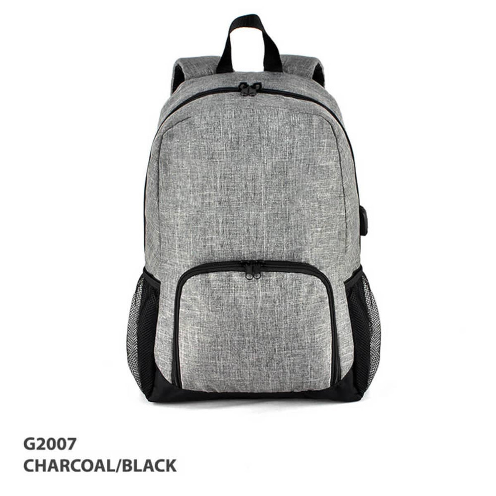 A charcoal and black backpack featuring multiple compartments and mesh side pockets, with a logo on the front.