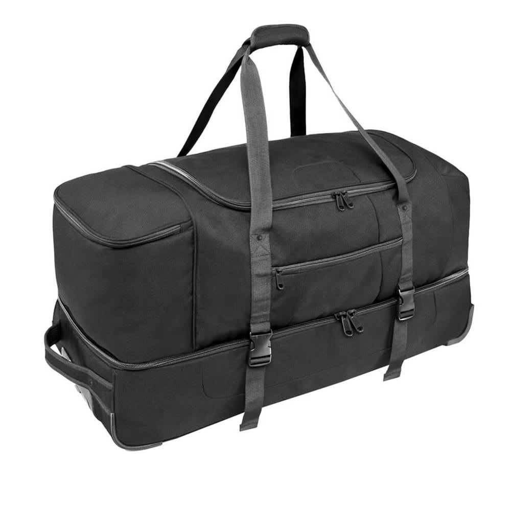 A wheeled black duffle bag with multiple zippered compartments and sturdy handles.