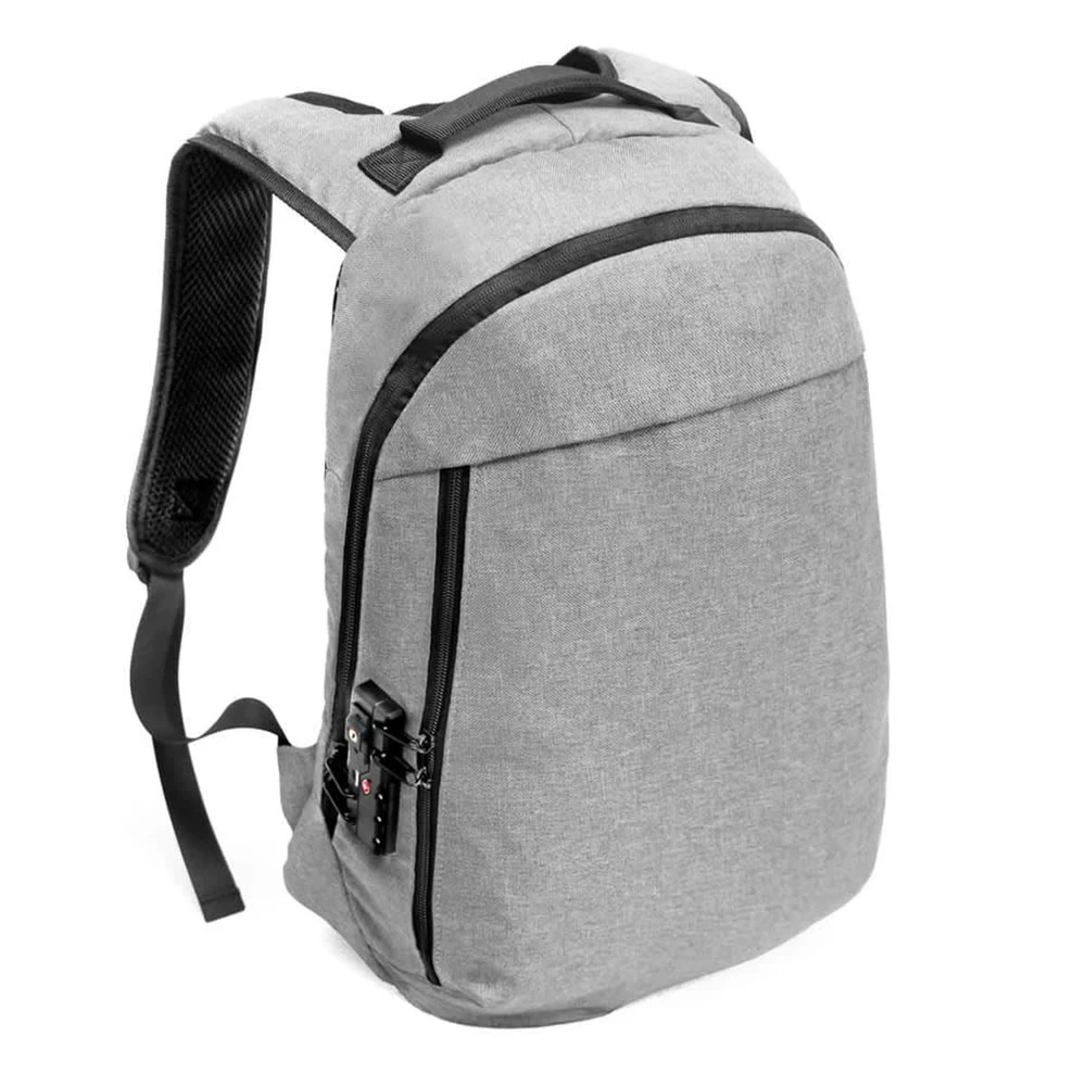 A grey anti-theft backpack featuring a sleek design and secure zipper. It has a branded logo on the exterior.