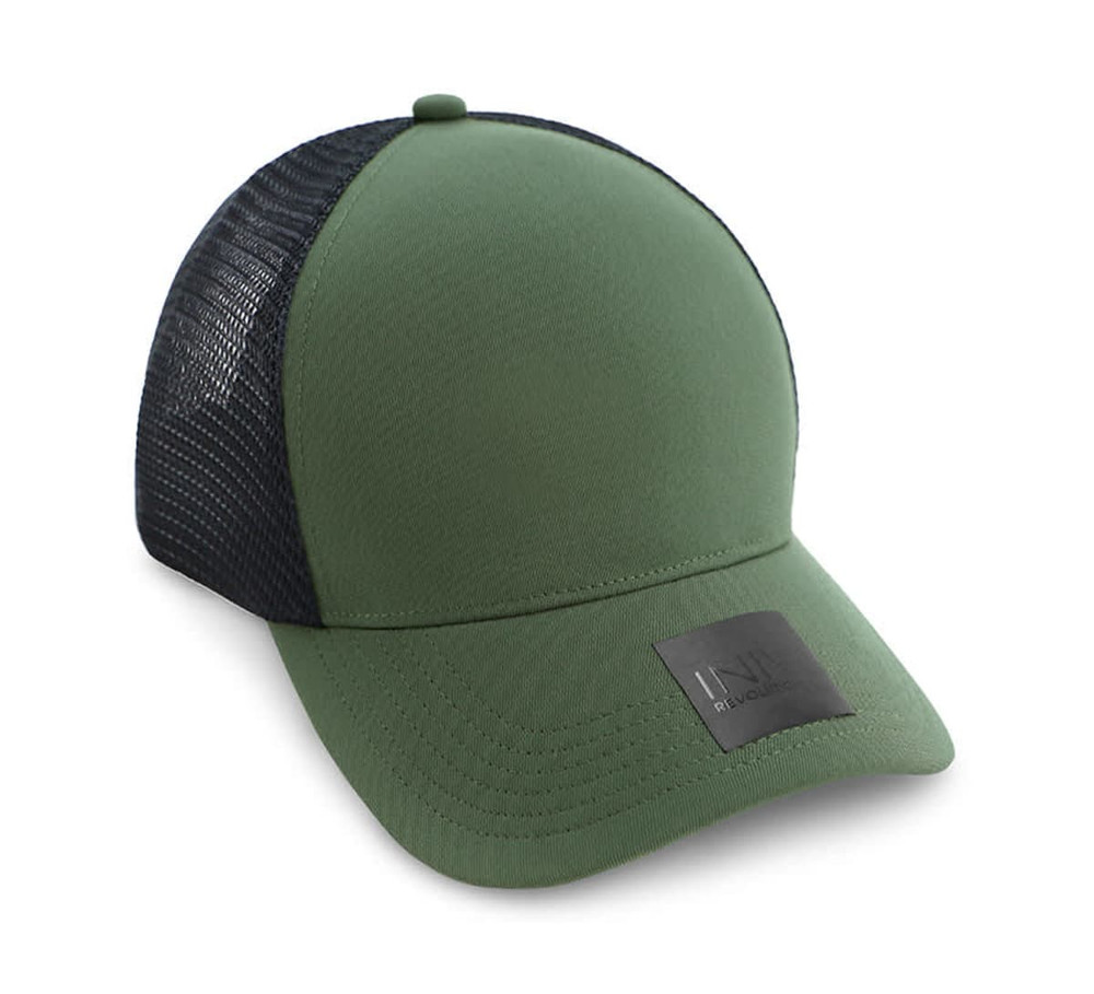 A green polyester/mesh trucker cap featuring a black mesh back and a branded patch on the front.