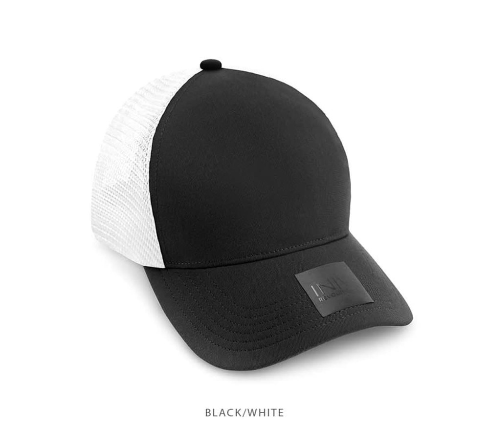 A black and white trucker cap made of polyester and mesh, featuring a logo on the front.