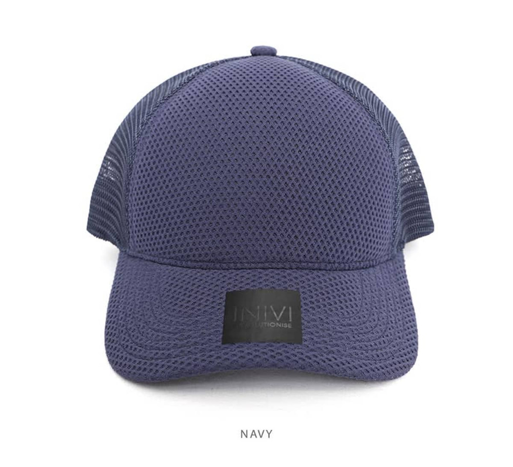A navy cap featuring a mesh design and a logo on the front. The cap has a structured shape with a curved brim.
