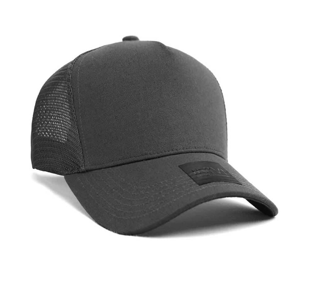 A grey cap made of cotton and mesh, featuring a solid front and mesh panels at the back. Includes a logo.