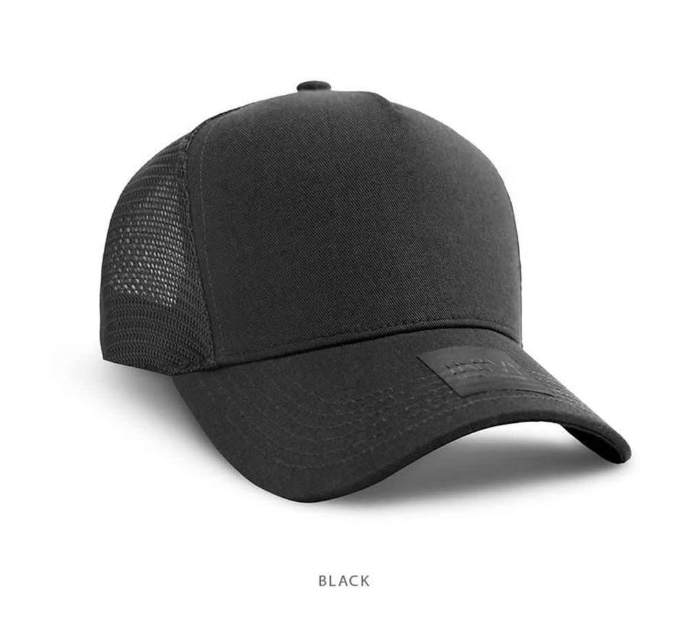 A black cotton and mesh cap featuring a logo and a structured design.