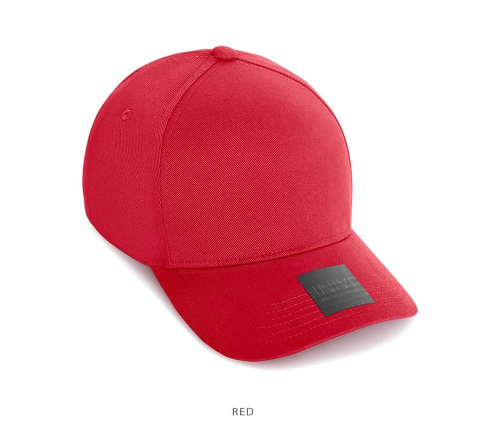 A red cap made of cotton and spandex, featuring a logo on the front.