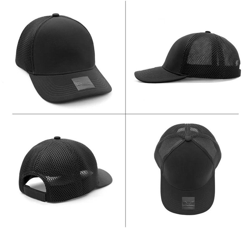 A black polyester and mesh cap featuring a structured front, a curved visor, and mesh panels for ventilation.