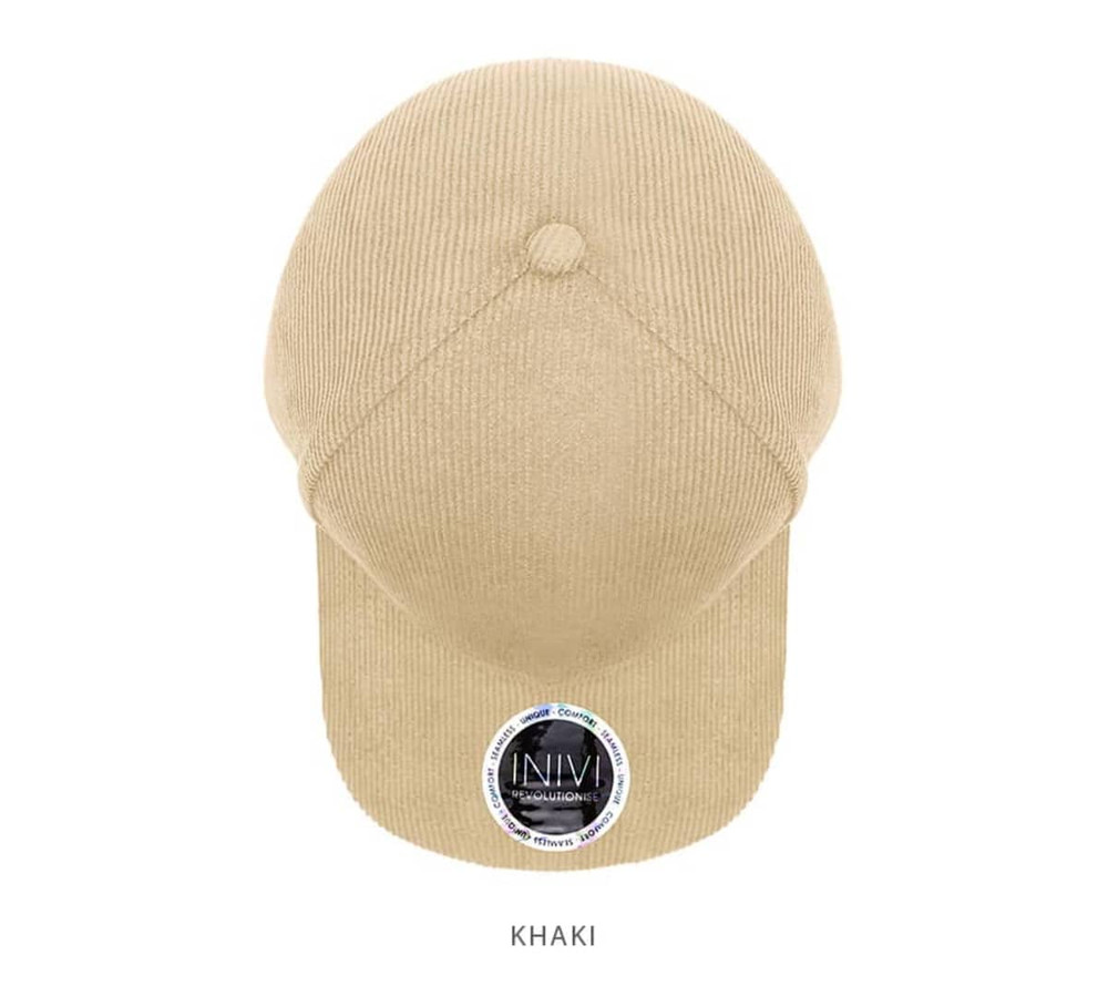 A khaki cap made of 100% cotton cord, featuring a round logo on the front.