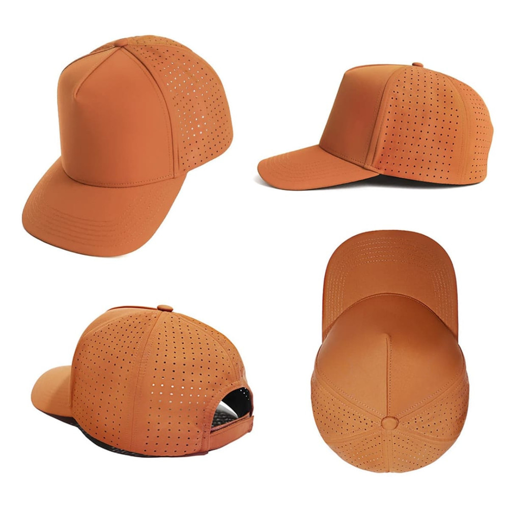 A cap in a warm brown hue featuring perforated detailing, showcasing multiple angles and a logo.