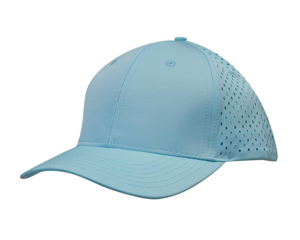 A light blue cap featuring tear drop perforations and a logo on the front.