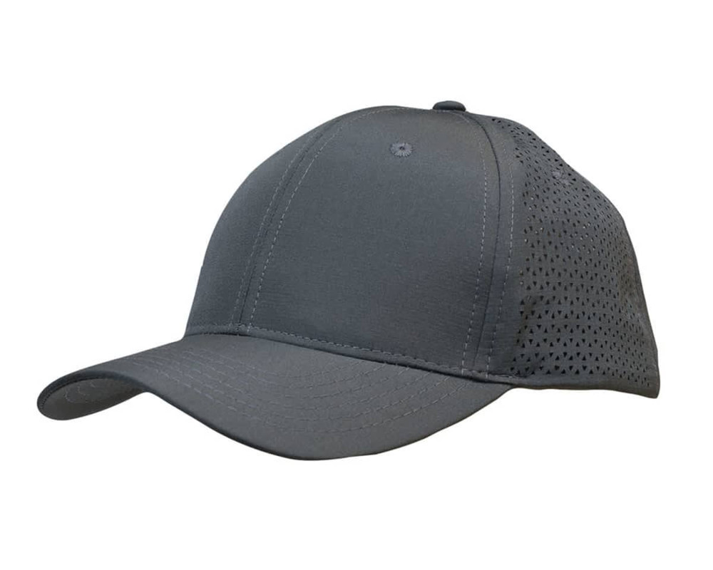 A grey cap made of ripstop twill featuring triangle perforations, with a curved brim and a branding logo.