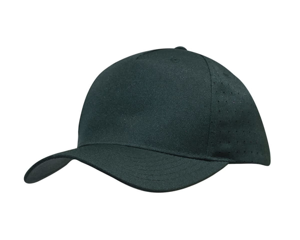 A black cap made of breathable poly twill featuring circle perforations, with a curved brim and an unembellished design.