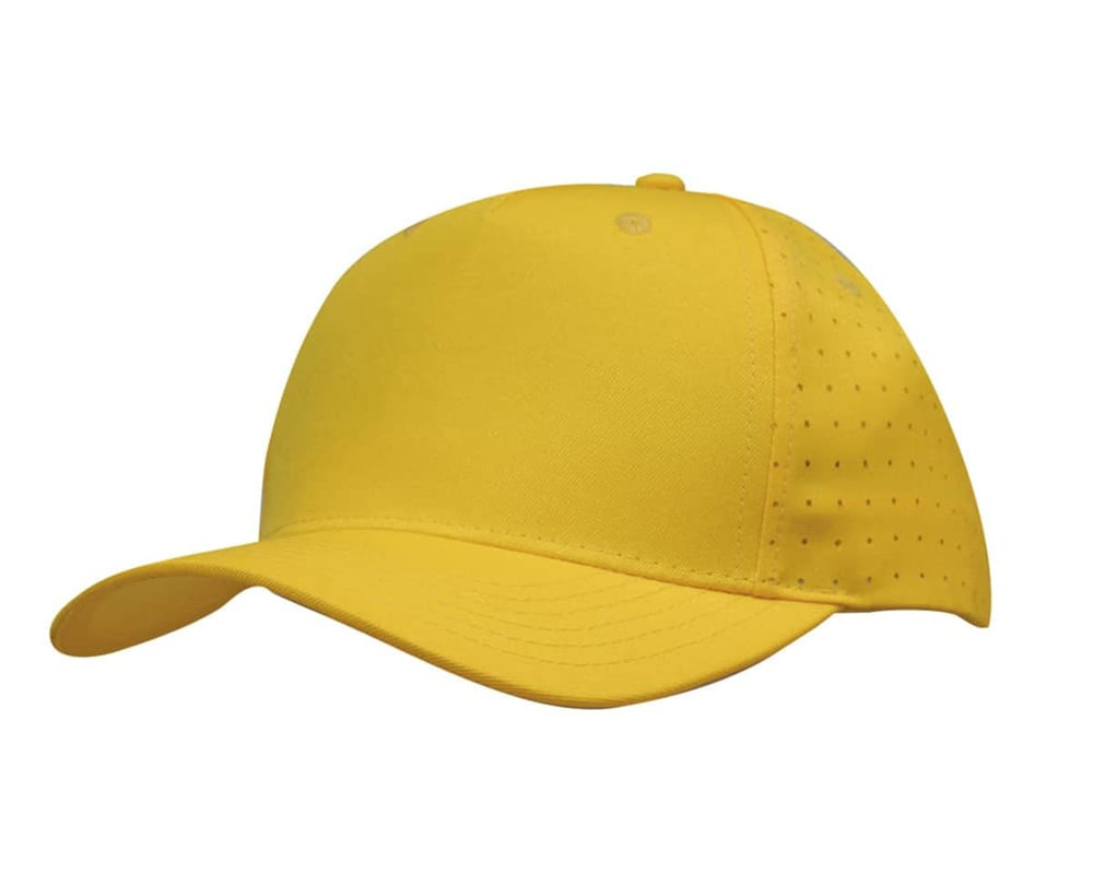 A yellow cap made from breathable poly twill featuring circle perforations and a logo on the side.