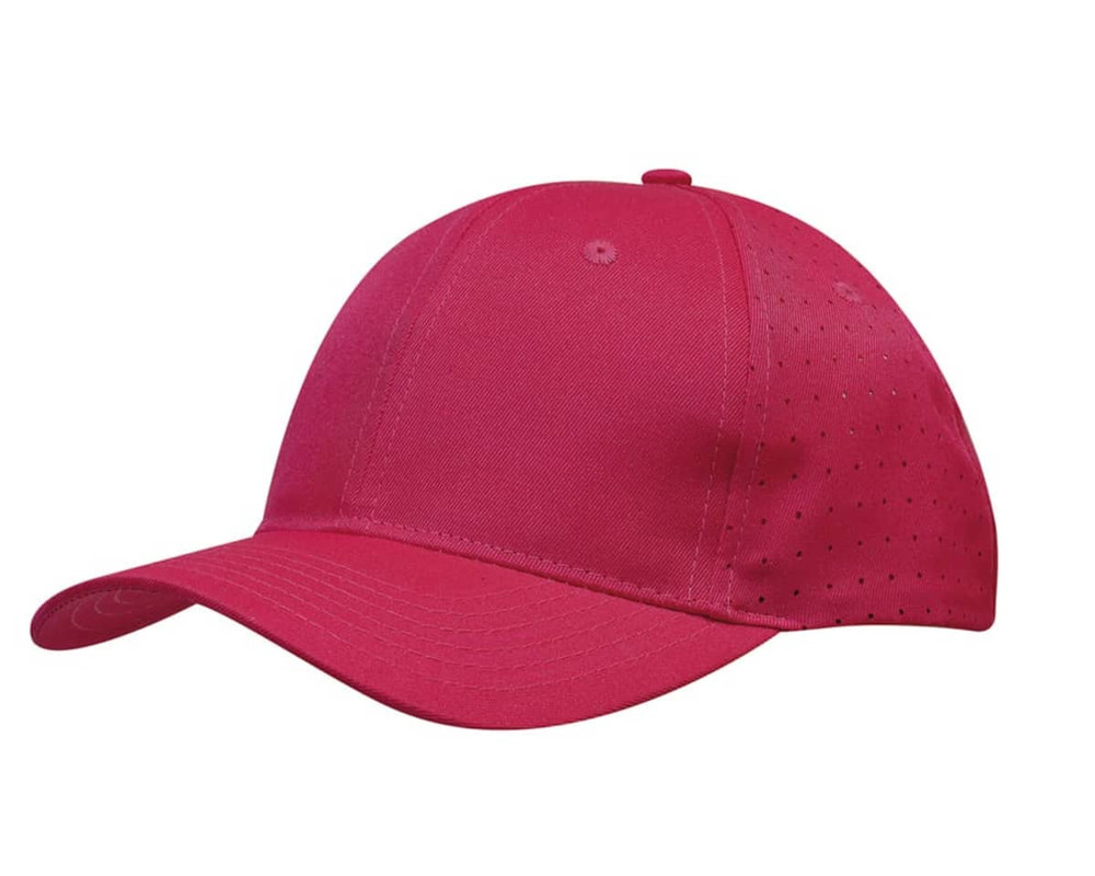 A pink cap with circle perforations, designed for breathability, featuring a curved brim and an embedded logo.