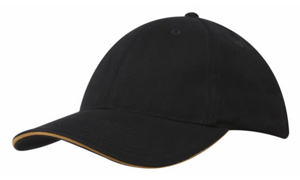 A black cap with a sandwich trim in a contrasting colour and a logo on the front.