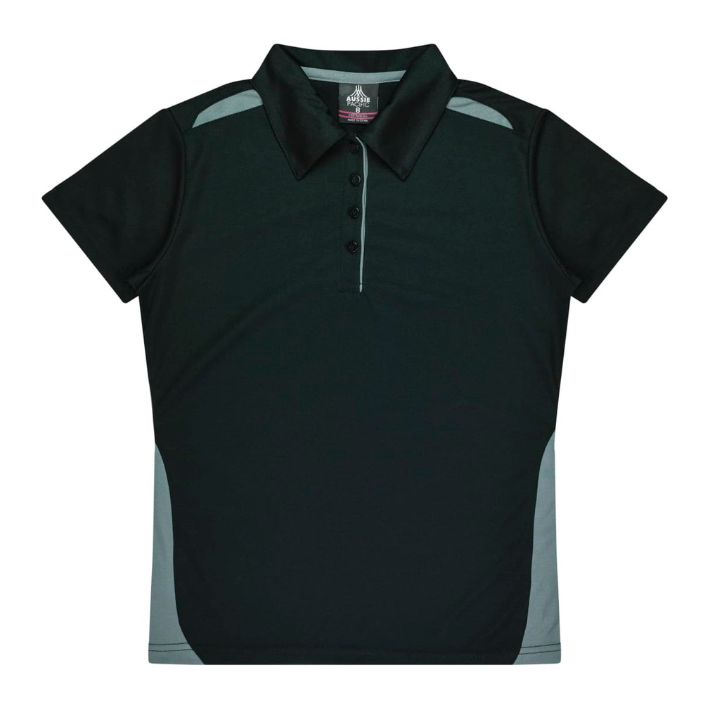 A dark green polo shirt with light grey accents and a three-button placket. It features a collar and short sleeves.