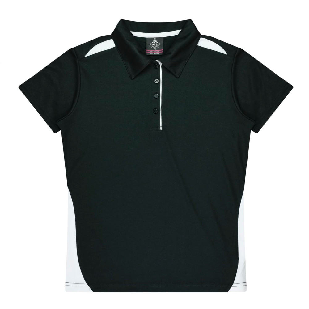 A dark green polo shirt featuring white side panels and a collar, with a logo on the top.