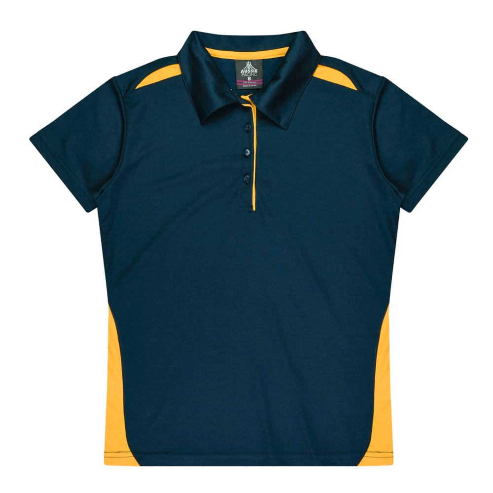 A polo shirt featuring dark blue and yellow colours, with a collar and short sleeves. It has a logo on the label.
