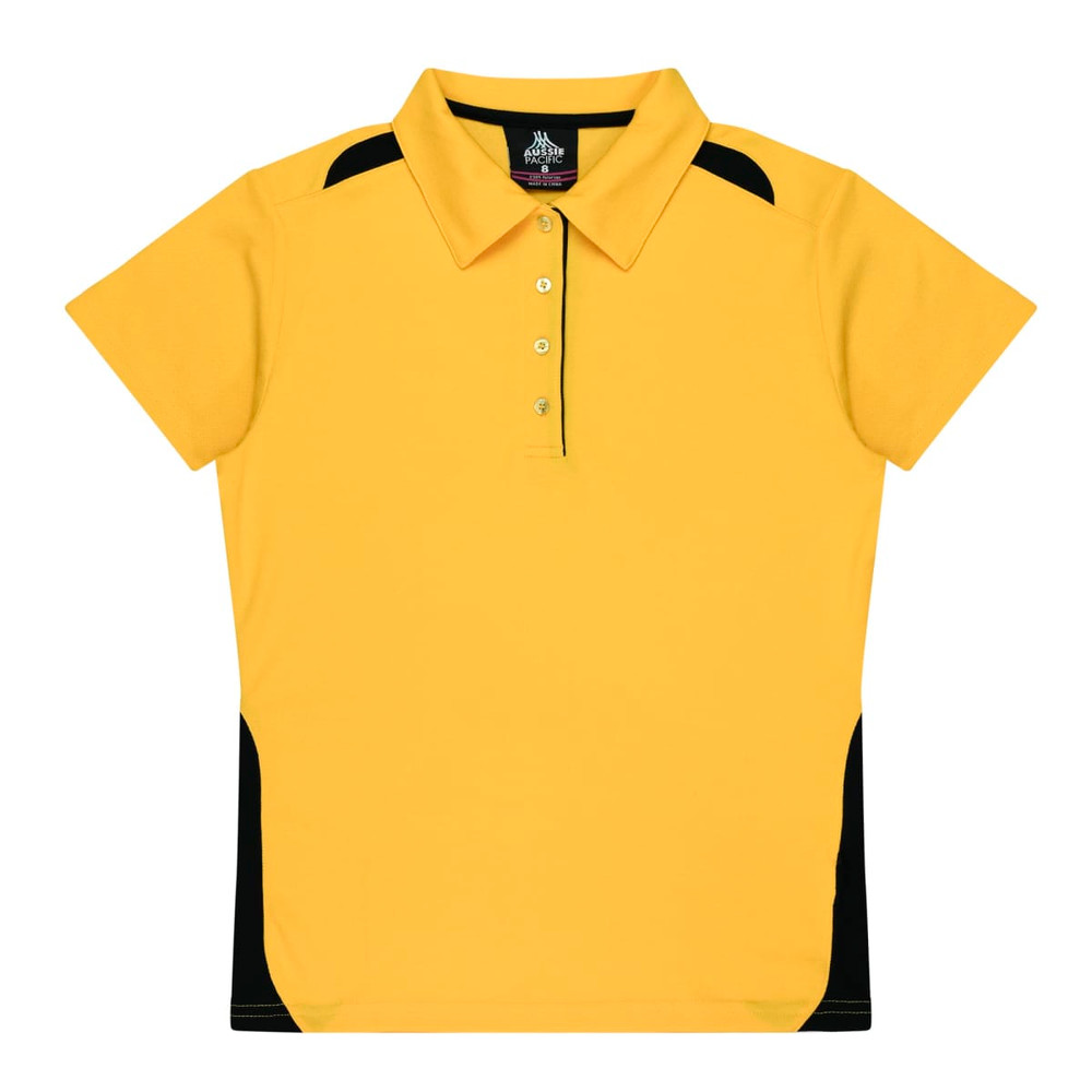 A yellow polo shirt with black side panels and a collar, featuring buttons and a logo.