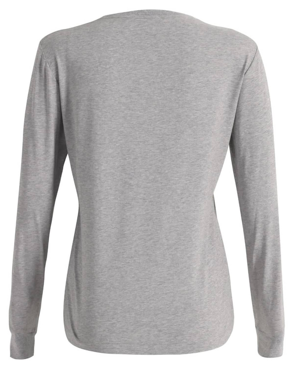 A grey premium cotton long-sleeve ladies' tee shirt with a simple design and a subtle logo.