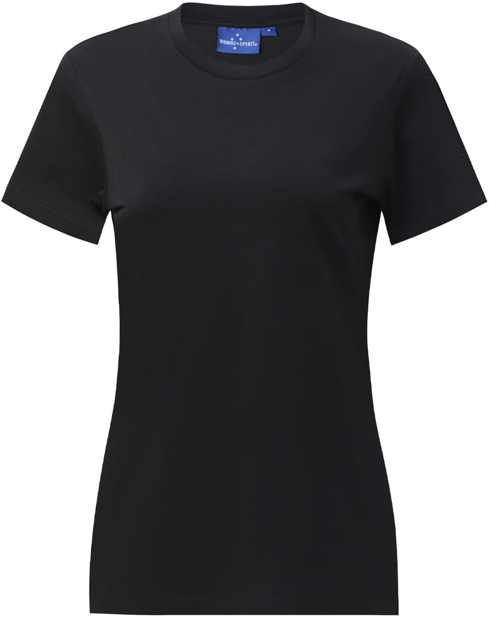 A black ladies' premium cotton short-sleeve tee shirt featuring a fitted design and a logo.