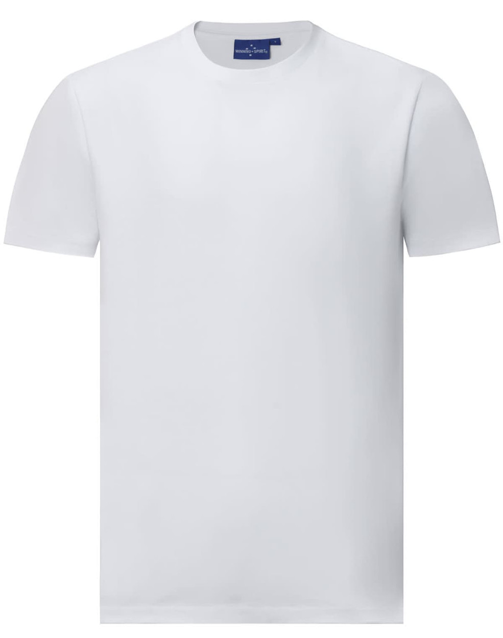 A white short-sleeve tee shirt made of premium cotton, featuring a simple design and a logo on the label.