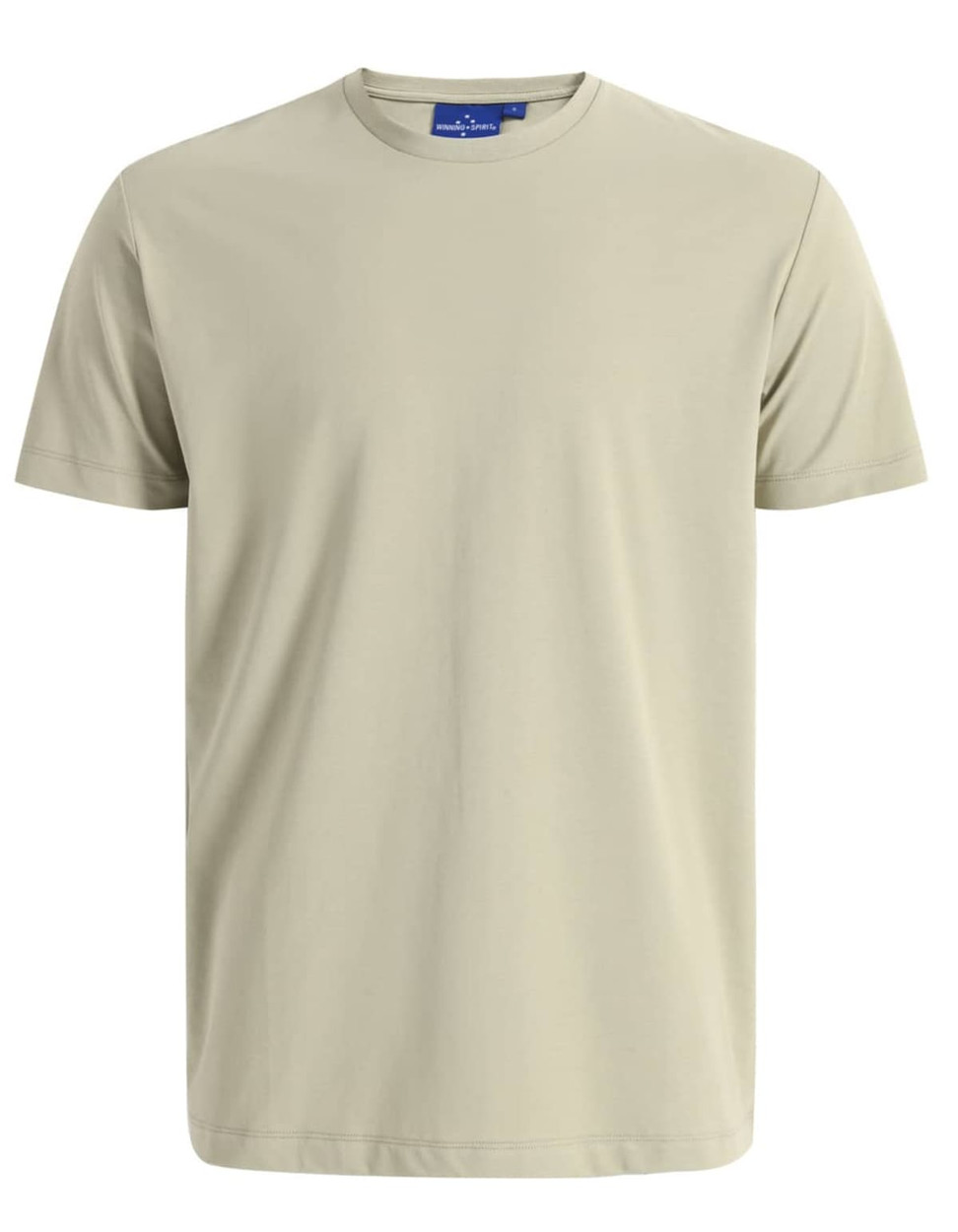 A light khaki men's premium cotton short-sleeve T-shirt with a simple design and a tag at the neckline.