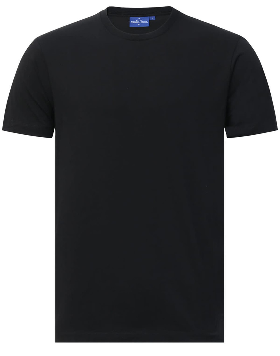 A black premium cotton short sleeve T-shirt with a tag and a logo on the neckline.