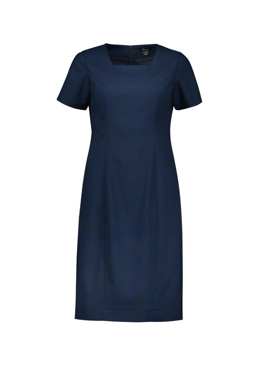 A navy blue short sleeve dress with a simple, elegant design and a logo.