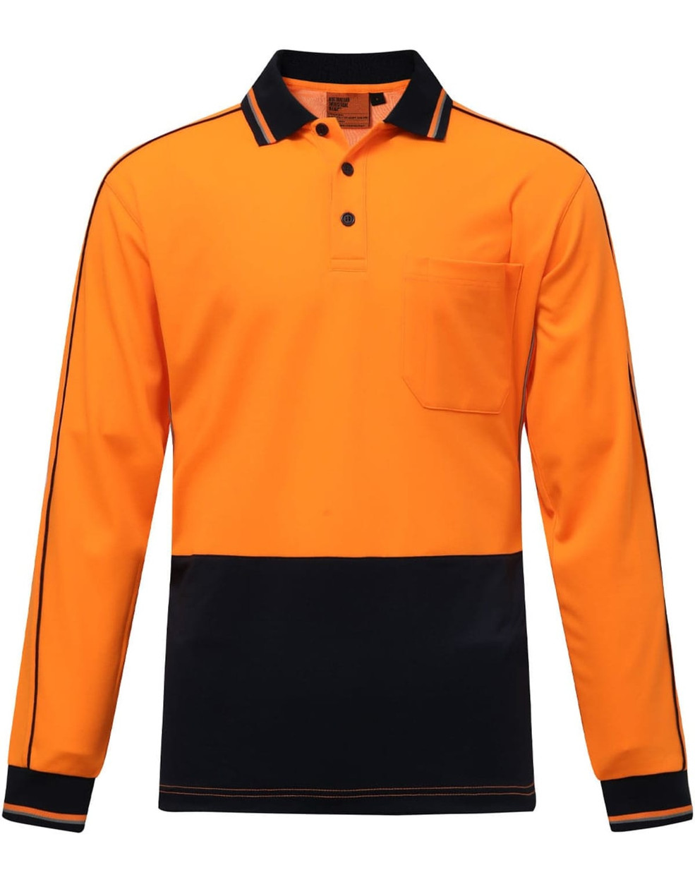 Hi-vis long-sleeve polo in vibrant orange with a navy lower section and a chest pocket, featuring a logo.