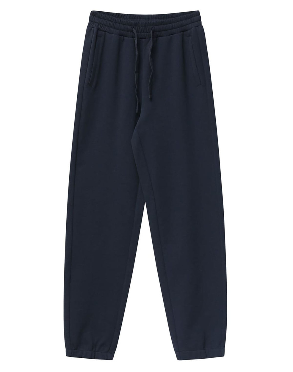 Navy unisex sweatpants with an elastic waist and drawstring, featuring side pockets and a subtle logo.